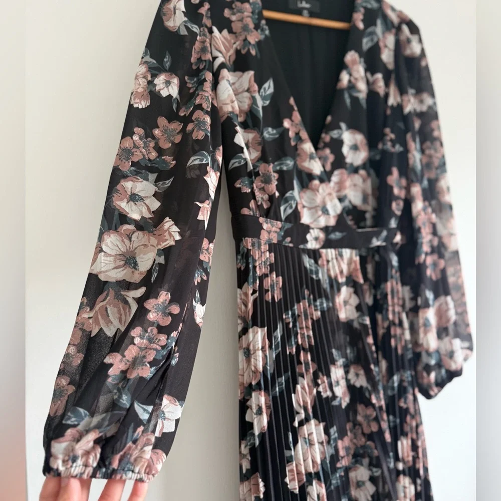 Lulu's Blooming Whimsy Black Floral Pleated Midi Wrap Dress - Picture 9 of 14